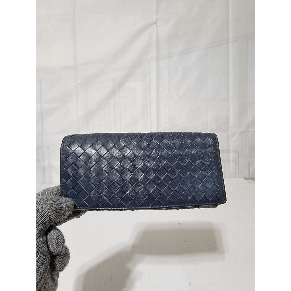 Bottega Veneta Unisex Leather intercciato  Bifold Wallet Deep Navy Blue